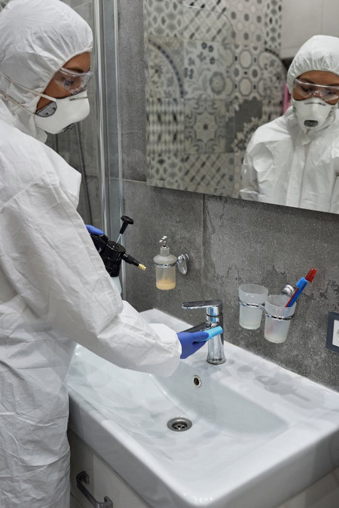 home-services-004 Person in protective gear disinfecting bathroom sink with spray bottle.