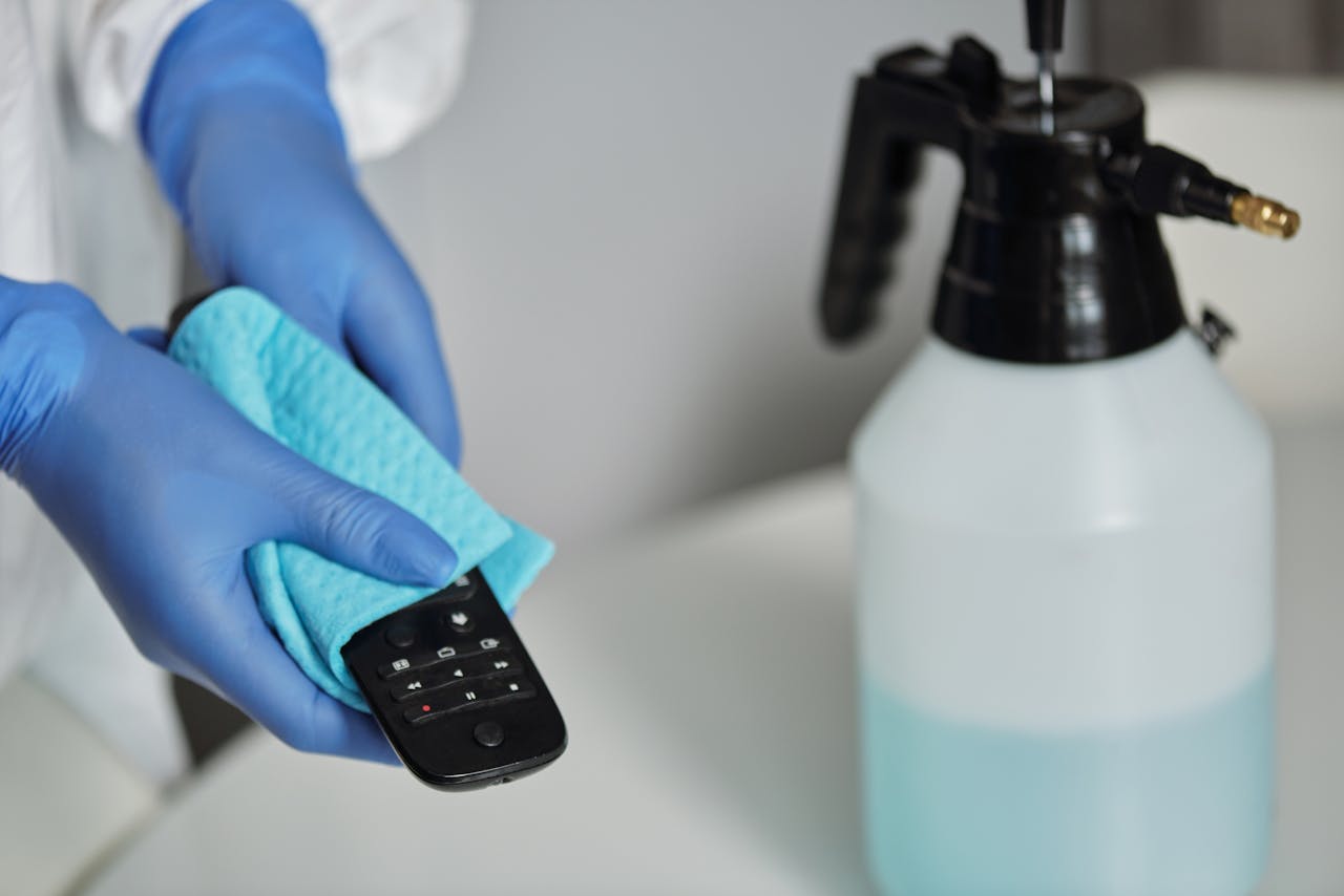home-hero-bg Close-up of gloved hands disinfecting a remote control with a cloth and spray bottle.