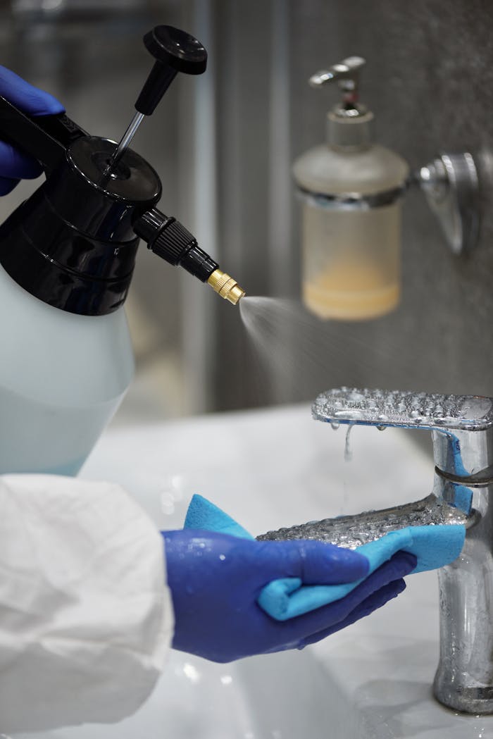 home-services-03 A person wearing gloves sprays and wipes a bathroom faucet for hygiene.